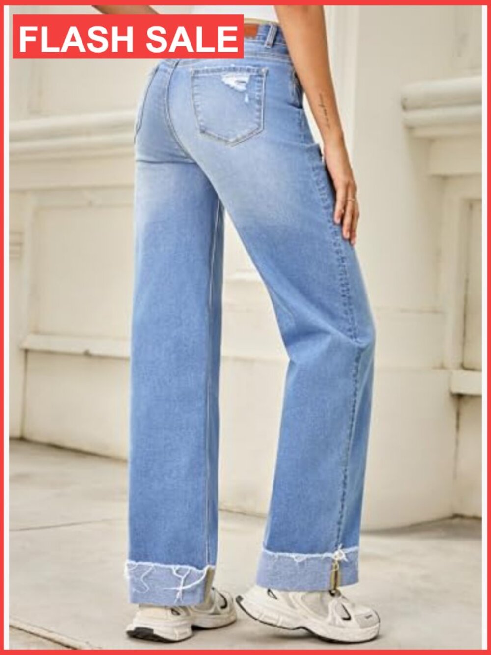 High Waisted Wide Leg Jeans with Distressed Details and Folded Hem - Picture 2 of 7